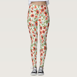 Orange Poppies Watercolor Floral Pattern Leggings