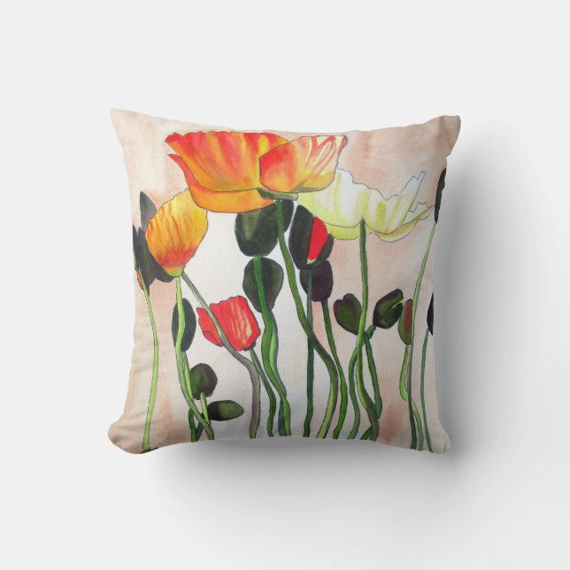 Orange poppies watercolour flower art throw pillow (Front)