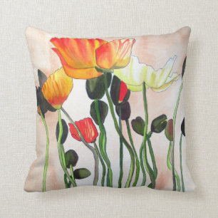 Orange poppies watercolour flower art throw pillow