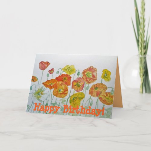 Orange Poppies Watercolour Happy Birthday Card