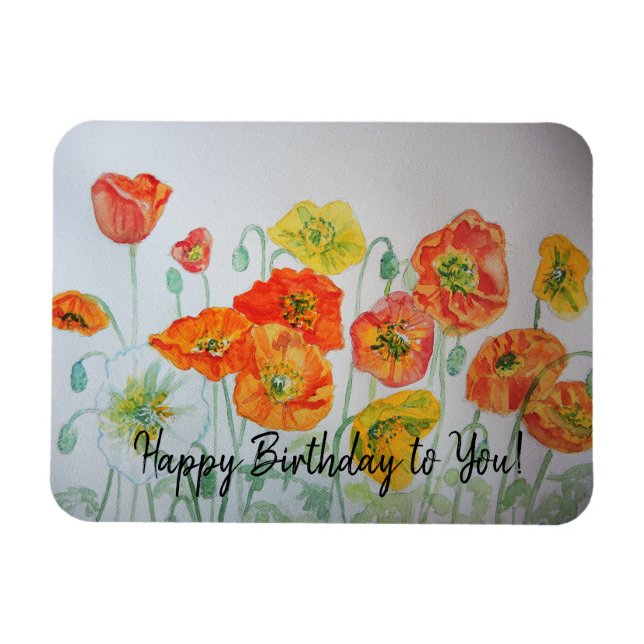 Orange Poppies Watercolour Happy Birthday Magnet (Horizontal)