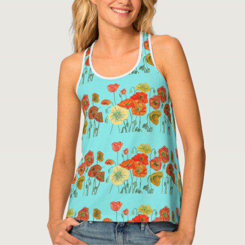 Orange poppy Aqua Floral art Ladies Top Singlet