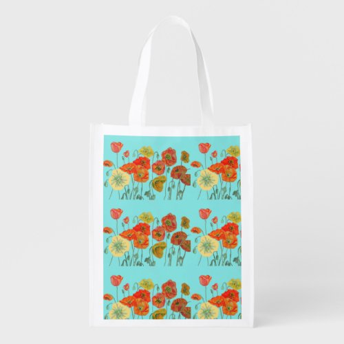 Orange Poppy Aqua floral Reusable Grocery Bag