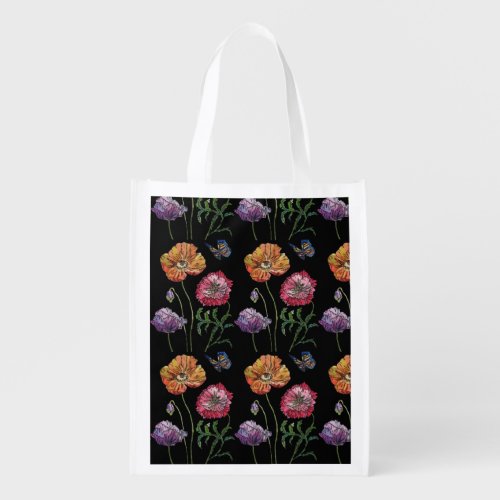Orange Poppy Black floral Reusable Grocery Bag