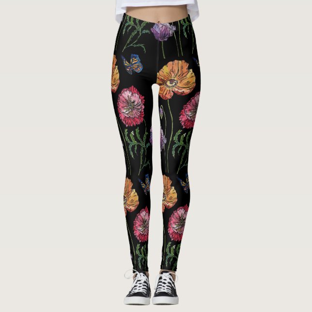 Orange Poppy Black Floral Watercolor Leggings (Front)