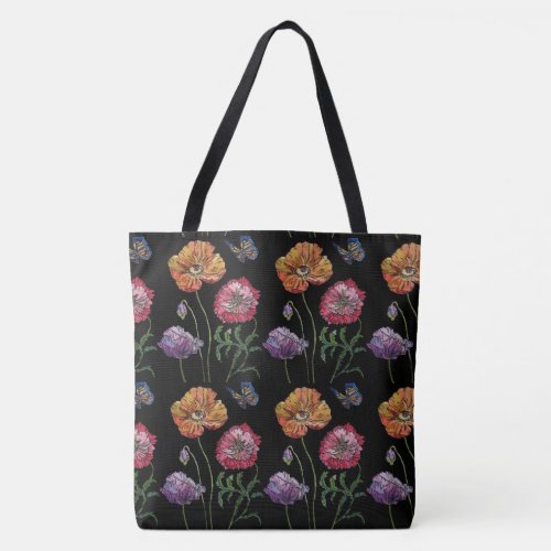 Orange Poppy Black Floral Watercolor Tote Bag