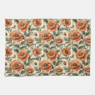 Orange Poppy Botanical Flowers Kitchen Towel