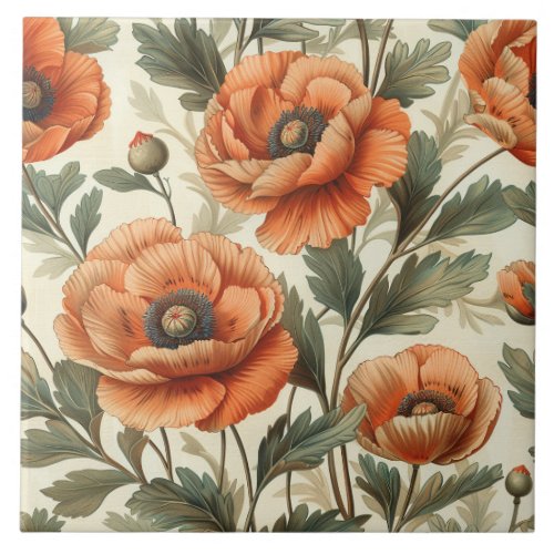 Orange Poppy Botanical Flowers Repeating Ceramic Tile