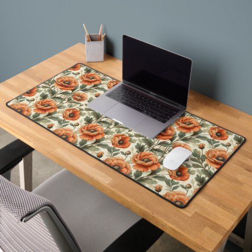 Orange Poppy Botanical Flowers Repeating Desk Mat