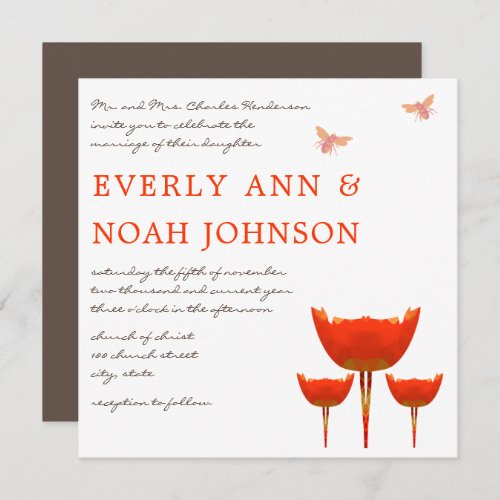 Orange Poppy  Bumble Bee Wedding  Invitation