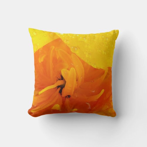 Orange poppy close up with water throw pillow