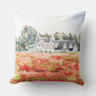 orange poppy field in oxfordshire watercolour throw pillow