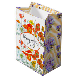 Orange Poppy floral flower Watercolor Womans Name Medium Gift Bag