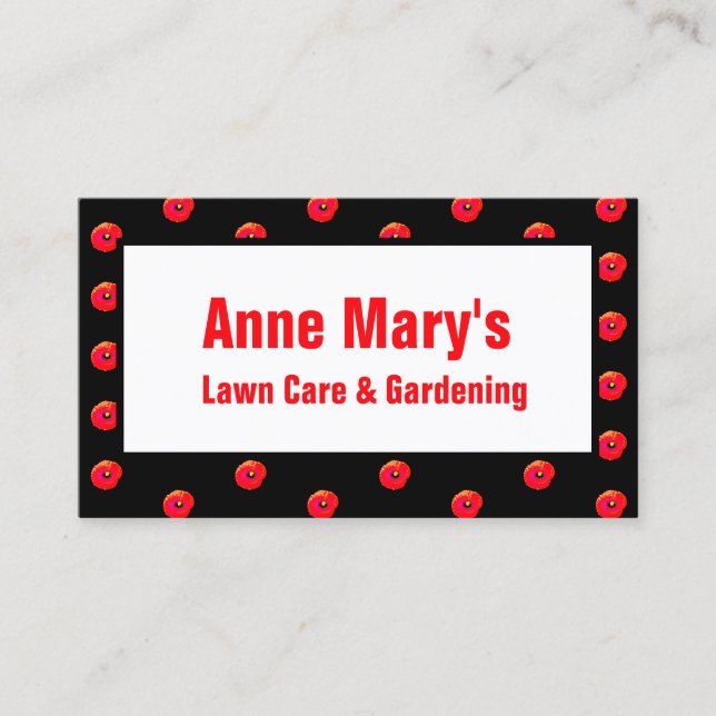 Orange Poppy Floral Garden Lawn Care Black Business Card (Front)