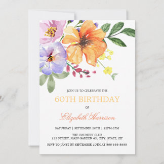 Orange Poppy Floral Greenery Birthday Invitation