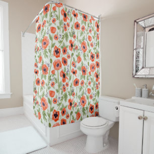 Orange Poppy Floral Watercolor Pattern Shower Curtain