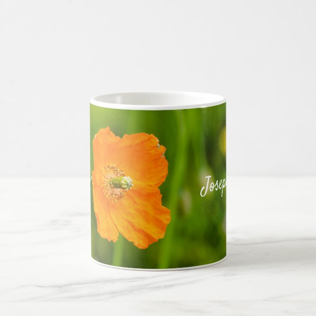 Orange Poppy Flower Nature Photo And Custom Name Coffee Mug (Center)