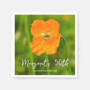 Orange Poppy Flower On Green 50th Birthday Party Napkins