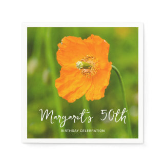 Orange Poppy Flower On Green 50th Birthday Party Napkins