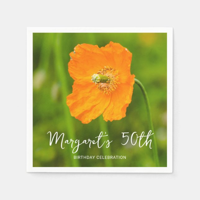 Orange Poppy Flower On Green 50th Birthday Party Napkins (Front)