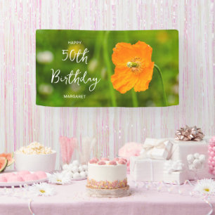 Orange Poppy Flower On Green Happy 50th Birthday Banner