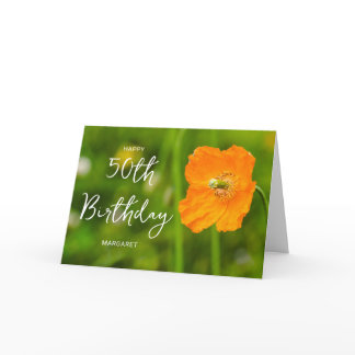 Orange Poppy Flower On Green Happy 50th Birthday Card