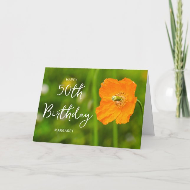 Orange Poppy Flower On Green Happy 50th Birthday Card (Front)