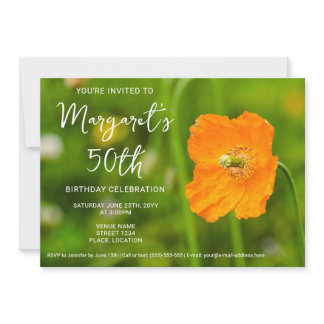 Orange Poppy Flower On Green Photo 50th Birthday Invitation