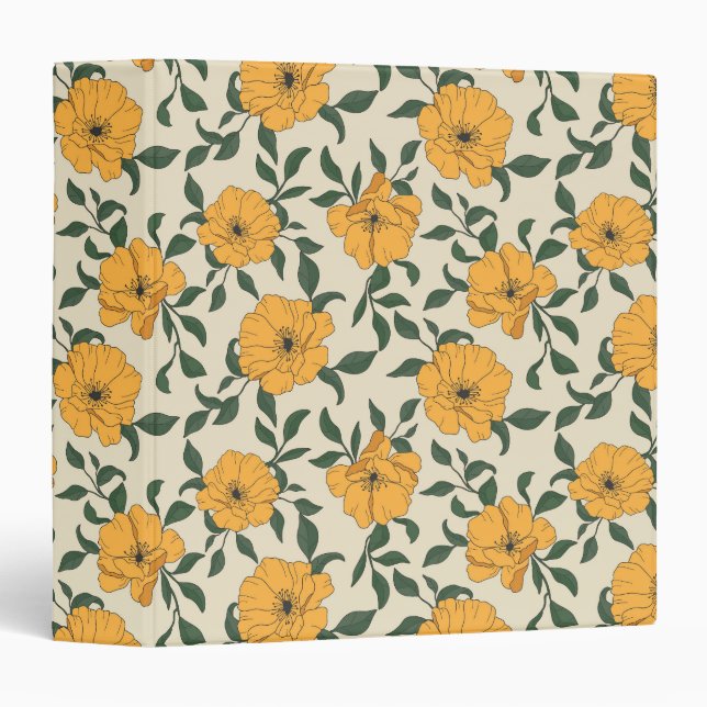 Orange Poppy Flower Pattern 3 Ring Binder (Front/Spine)