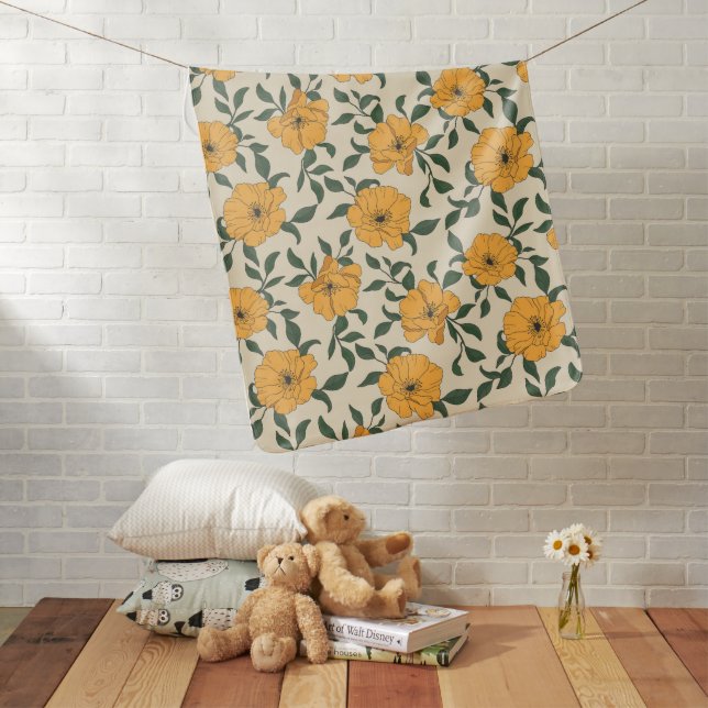 Orange Poppy Flower Pattern Baby Blanket (In Situ)