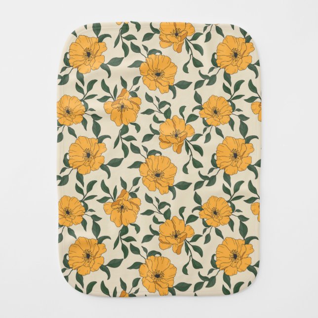 Orange Poppy Flower Pattern Baby Burp Cloth (Front)