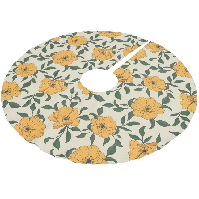 Orange Poppy Flower Pattern Brushed Polyester Tree Skirt (Angled)