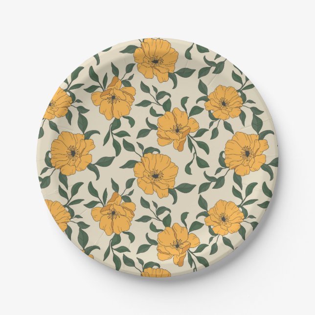 Orange Poppy Flower Pattern Paper Plates (Front)