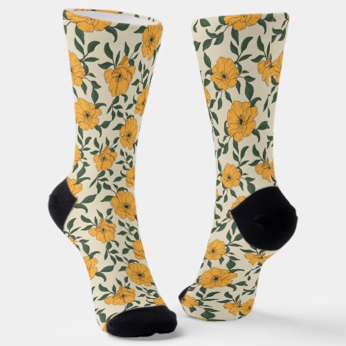 Orange Poppy Flower Pattern Socks