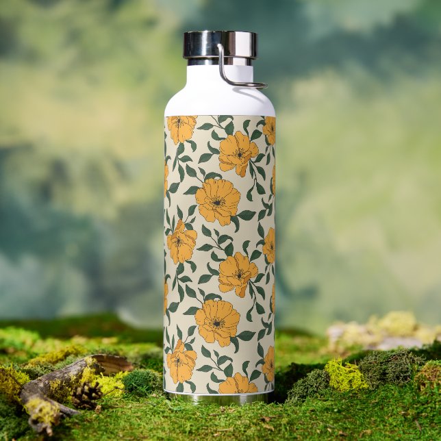 Orange Poppy Flower Pattern Water Bottle (Outdoor)