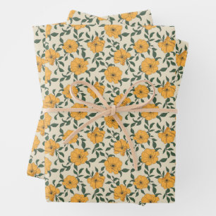 Orange Poppy Flower Pattern Wrapping Paper Sheets