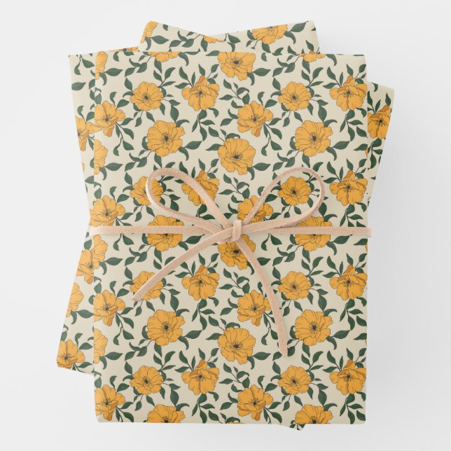 Orange Poppy Flower Pattern Wrapping Paper Sheets (In situ)