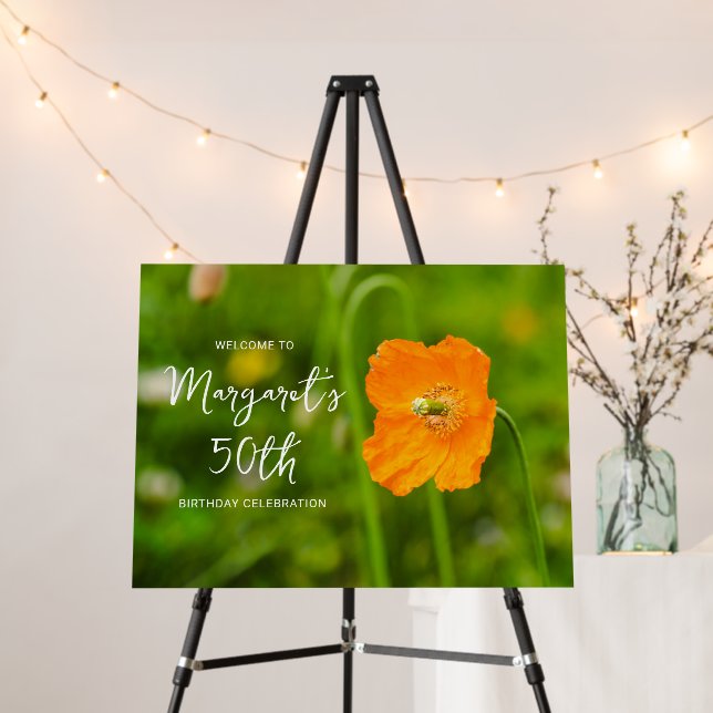 Orange Poppy Flower Photo 50th Birthday Welcome Foam Board (In Situ (Stand))