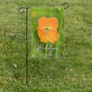 Orange Poppy Flower Photo On Green Custom Name Garden Flag