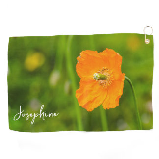 Orange Poppy Flower Photo On Green With Name Golf Towel