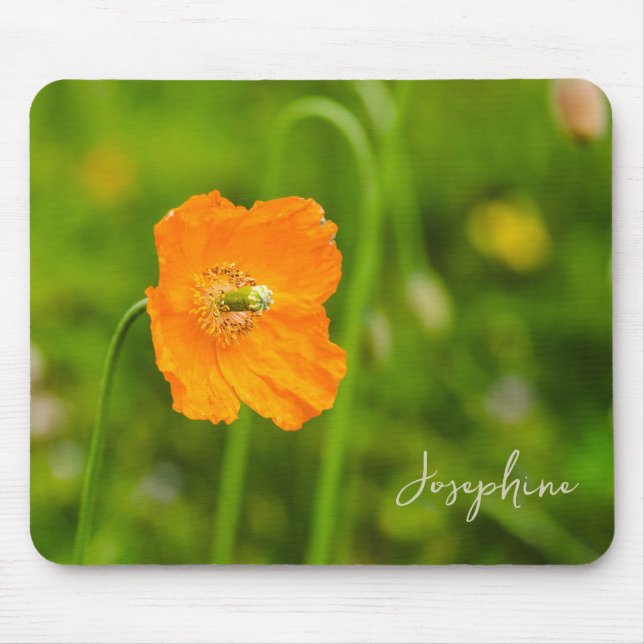 Orange Poppy Flower Photo With Custom Name Mouse Pad (Front)