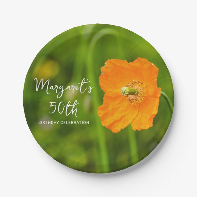Orange Poppy Flower Photograph 50th Birthday Party Paper Plates (Front)