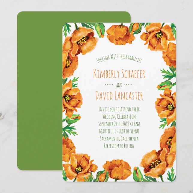 Orange Poppy Flower Wedding Invitation (Front/Back)