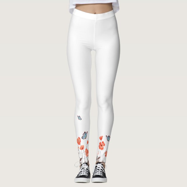 Orange Poppy Flowers and Blue Butterflies Garden Leggings (Front)