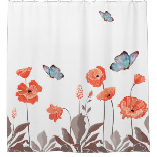 Orange Poppy Flowers and Blue Butterflies Garden Shower Curtain