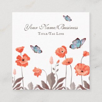 Orange Poppy Flowers and Blue Butterflies Garden Square Business Card