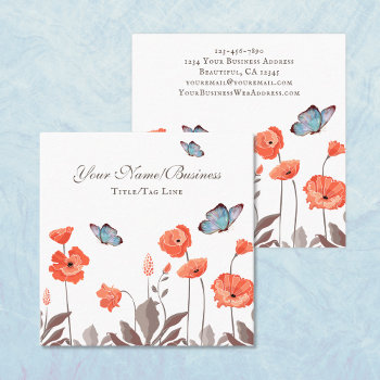 Orange Poppy Flowers And Blue Butterflies Garden Square Business Card by HorseAndPony at Zazzle