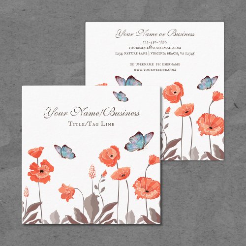 Orange Poppy Flowers and Blue Butterflies Garden Square Business Card