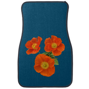 Orange Poppy Flowers Blue Background Car Floor Mat