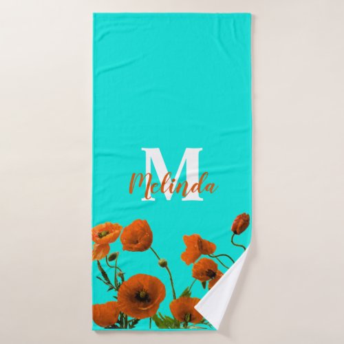 Orange Poppy Flowers Floral Monogram Initial Name Bath Towel